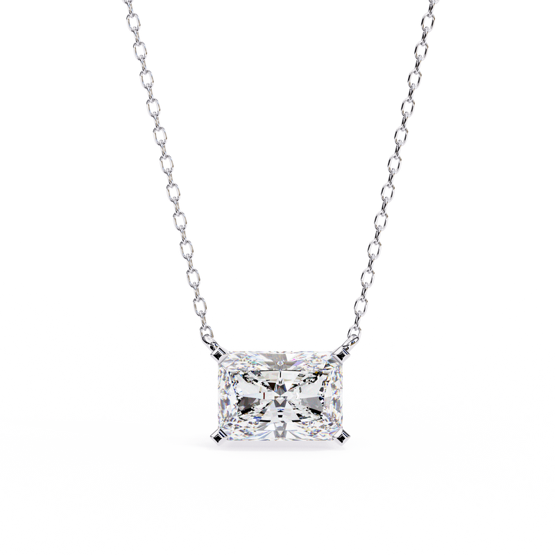 14K White Gold IGI Certified Radiant Cut Diamond Solitaire Pendant – D-E Color, VVS–VS Clarity, Rabbit Ear Bail