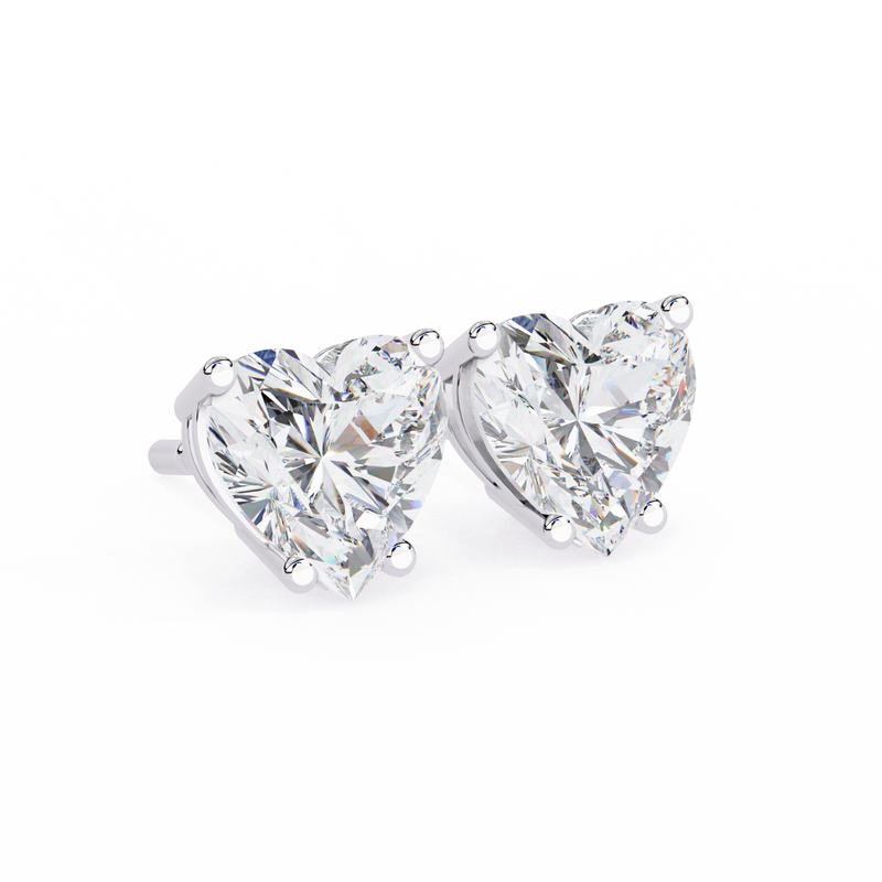 14K White Gold IGI Certified Heart Shape Solitaire Stud Earrings, 4 Prong, D-E Color, VVS/VS Clarity