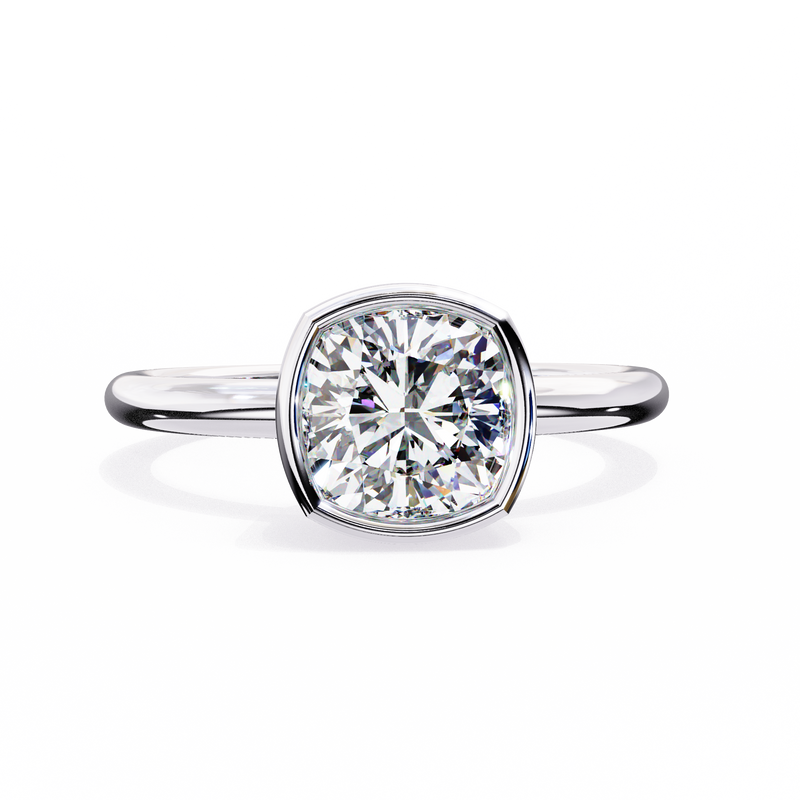 14K Gold Lab Grown Diamond Cushion Bezel Engagement Ring, E–F Color, VVS–VS Clarity