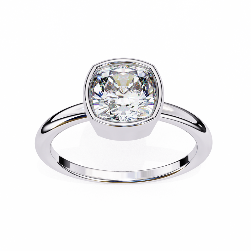 14K Gold Lab Grown Diamond Cushion Bezel Engagement Ring, E–F Color, VVS–VS Clarity
