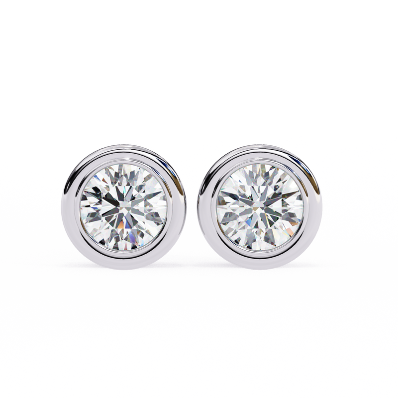 14K White Gold IGI Certified Round Solitaire Stud Earrings, Bezel, D-E Color, VVS/VS Clarity
