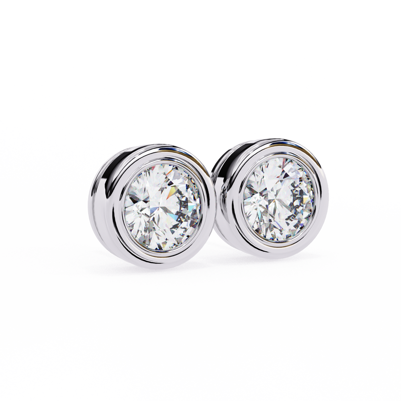 14K White Gold IGI Certified Round Solitaire Stud Earrings, Bezel, D-E Color, VVS/VS Clarity