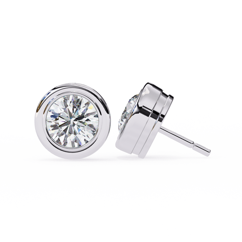 14K White Gold IGI Certified Round Solitaire Stud Earrings, Bezel, D-E Color, VVS/VS Clarity