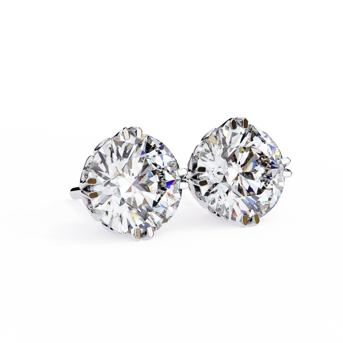 14K White Gold IGI Certified Round Solitaire Stud Earrings, 6 Split Prongs, D-E Color, VVS/VS Clarity