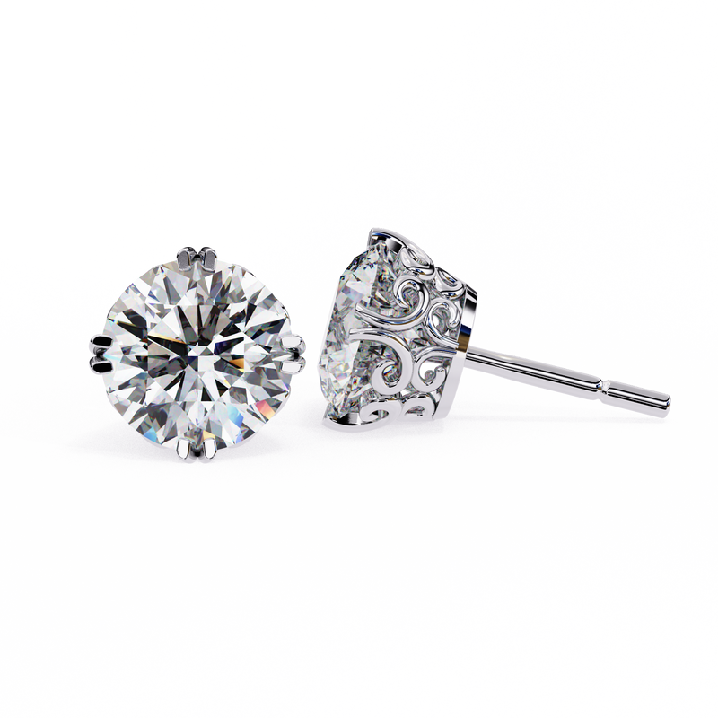 14K White Gold IGI Certified Round Solitaire Stud Earrings, 6 Split Prongs, D-E Color, VVS/VS Clarity