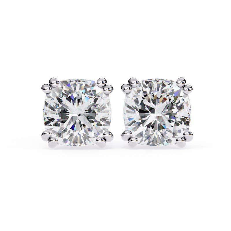 14K White Gold IGI Certified Cushion Cut Solitaire Stud Earrings, 4 Double split Prong, D-E Color, VVS/VS Clarity