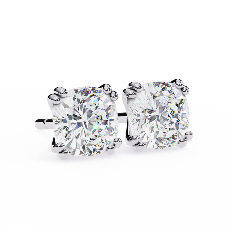 14K White Gold IGI Certified Cushion Cut Solitaire Stud Earrings, 4 Double split Prong, D-E Color, VVS/VS Clarity