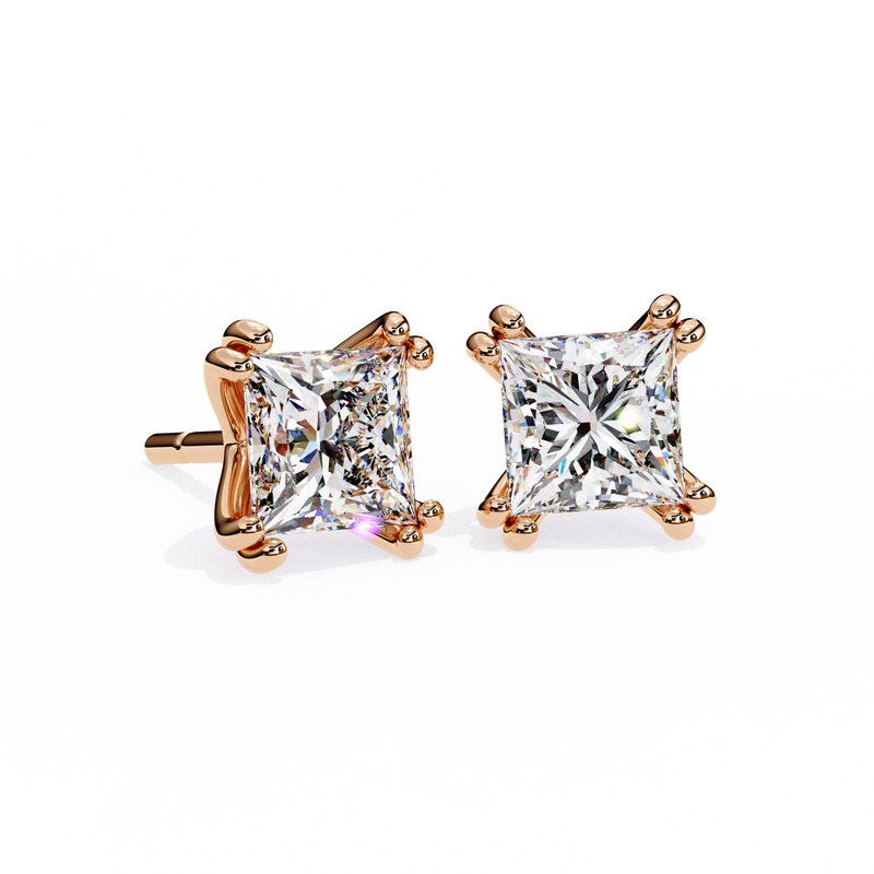 14K White Gold IGI Certified Princess Solitaire Stud Earrings, 4 Double split Prong, D-E Color, VVS/VS Clarity