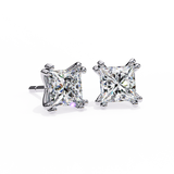 14K White Gold IGI Certified Princess Solitaire Stud Earrings, 4 Double split Prong, D-E Color, VVS/VS Clarity