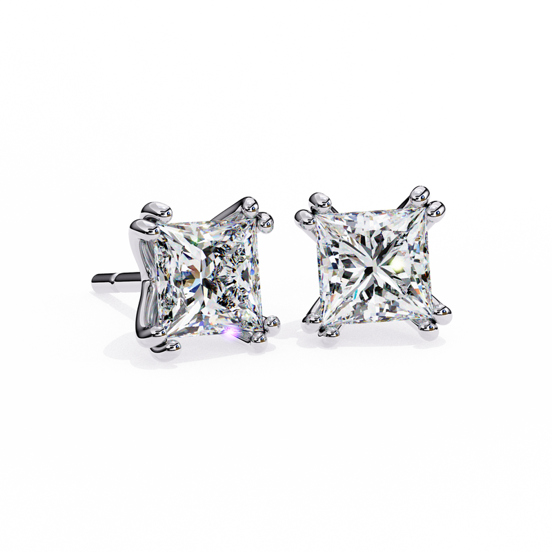 14K White Gold IGI Certified Princess Solitaire Stud Earrings, 4 Double split Prong, D-E Color, VVS/VS Clarity