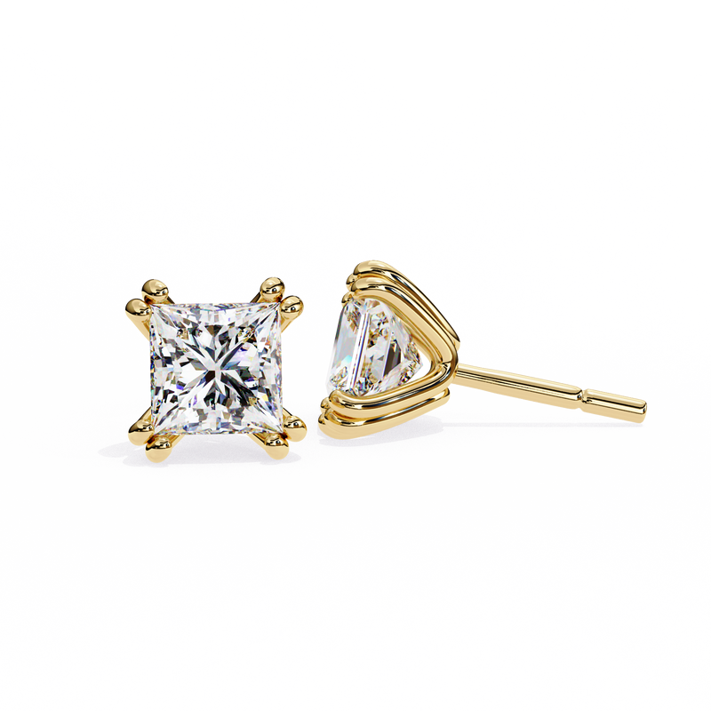 14K White Gold IGI Certified Princess Solitaire Stud Earrings, 4 Double split Prong, D-E Color, VVS/VS Clarity