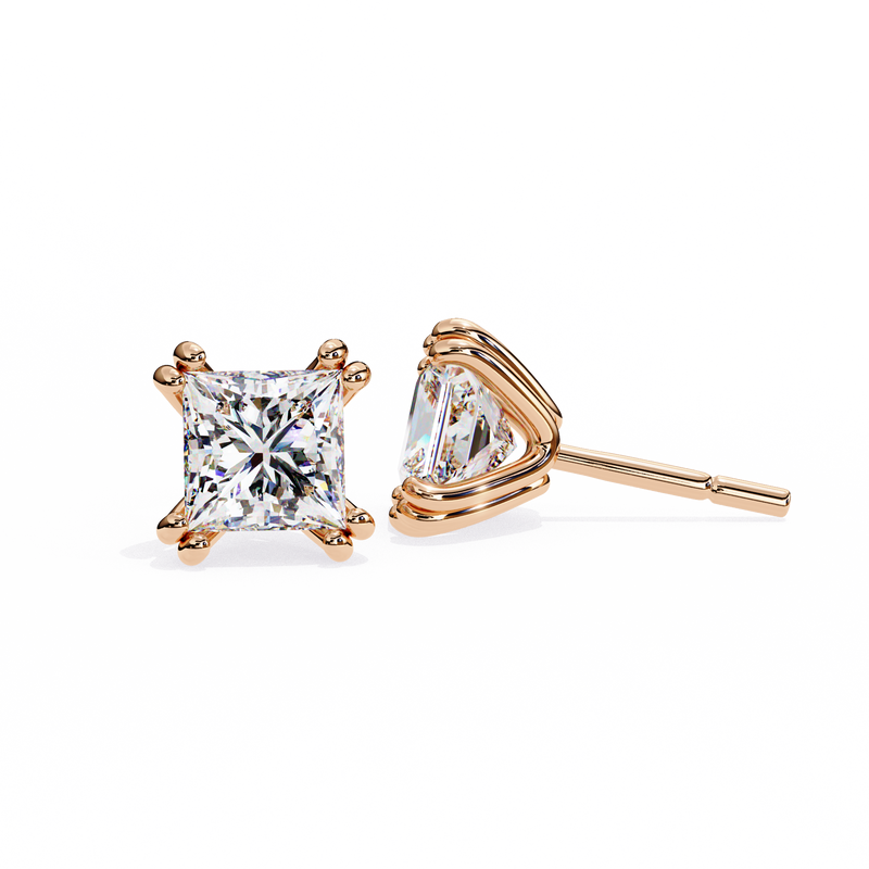 14K White Gold IGI Certified Princess Solitaire Stud Earrings, 4 Double split Prong, D-E Color, VVS/VS Clarity
