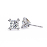 14K White Gold IGI Certified Princess Solitaire Stud Earrings, 4 Double split Prong, D-E Color, VVS/VS Clarity