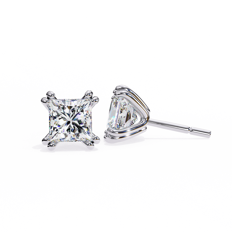 14K White Gold IGI Certified Princess Solitaire Stud Earrings, 4 Double split Prong, D-E Color, VVS/VS Clarity