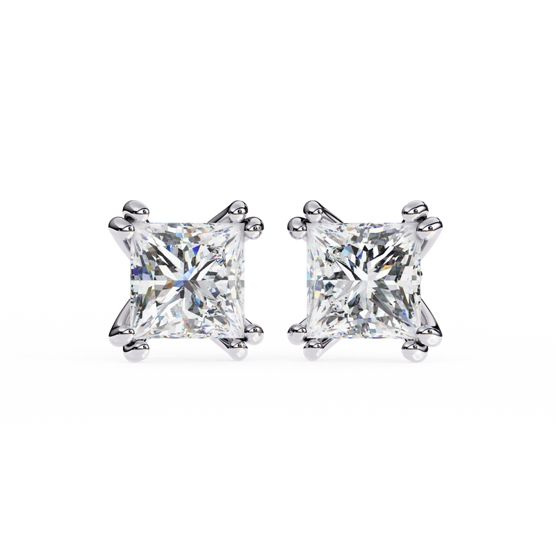 14K White Gold IGI Certified Princess Solitaire Stud Earrings, 4 Double split Prong, D-E Color, VVS/VS Clarity