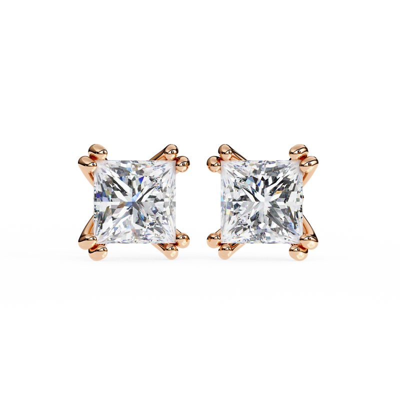 14K White Gold IGI Certified Princess Solitaire Stud Earrings, 4 Double split Prong, D-E Color, VVS/VS Clarity