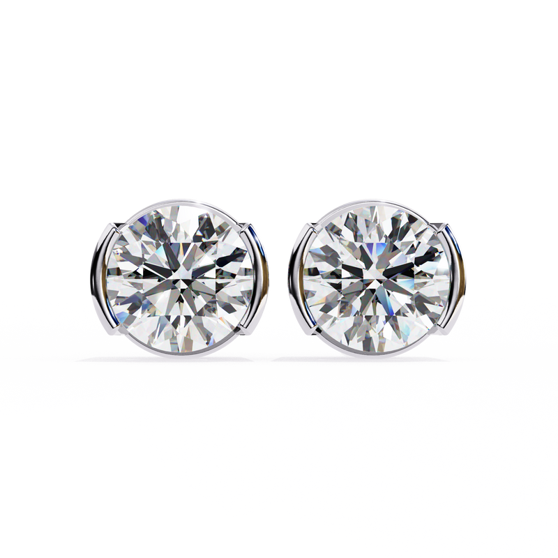 14K White Gold IGI Certified Round Solitaire Stud Earrings, Half Bezel, D-E Color, VVS/VS Clarity