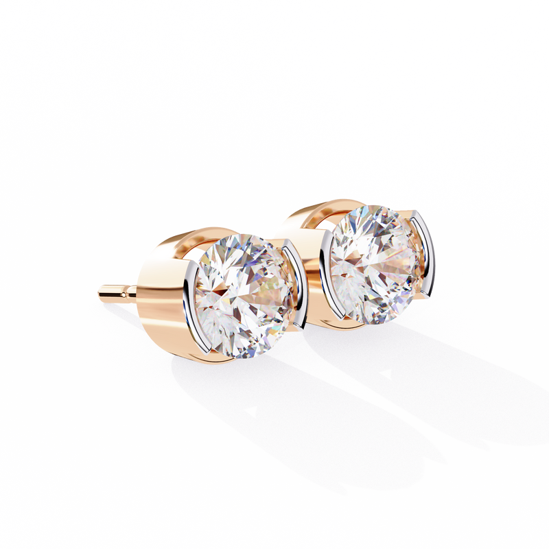 14K White Gold IGI Certified Round Solitaire Stud Earrings, Half Bezel, D-E Color, VVS/VS Clarity