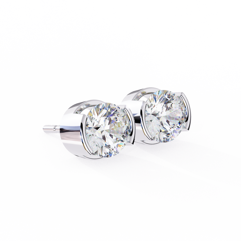 14K White Gold IGI Certified Round Solitaire Stud Earrings, Half Bezel, D-E Color, VVS/VS Clarity