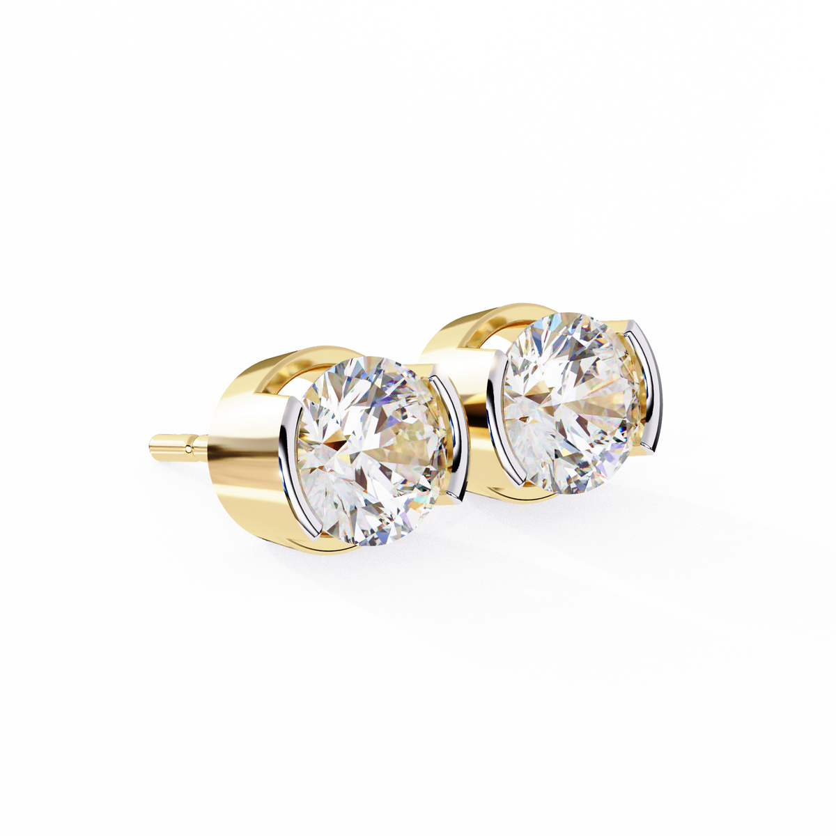 14K White Gold IGI Certified Round Solitaire Stud Earrings, Half Bezel, D-E Color, VVS/VS Clarity