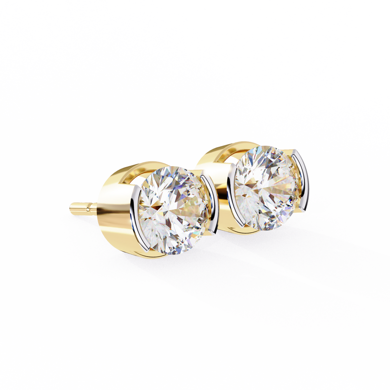 14K White Gold IGI Certified Round Solitaire Stud Earrings, Half Bezel, D-E Color, VVS/VS Clarity