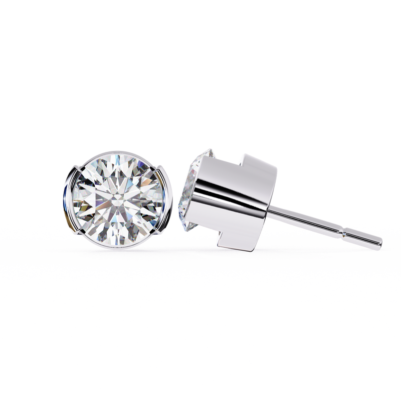 14K White Gold IGI Certified Round Solitaire Stud Earrings, Half Bezel, D-E Color, VVS/VS Clarity
