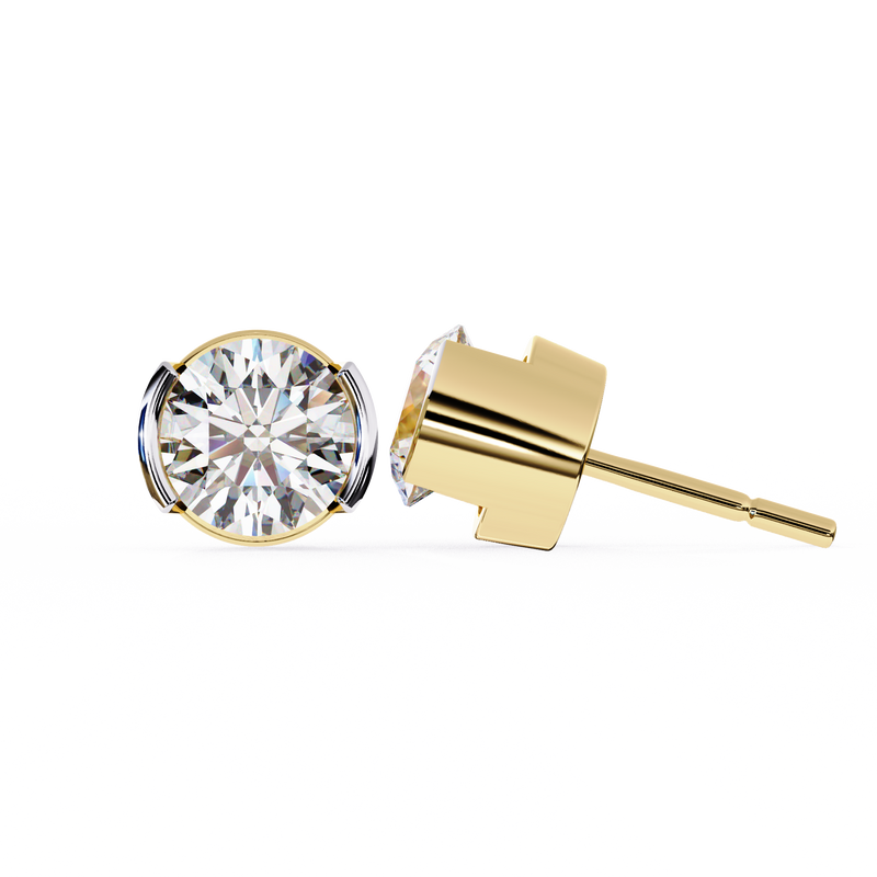 14K White Gold IGI Certified Round Solitaire Stud Earrings, Half Bezel, D-E Color, VVS/VS Clarity