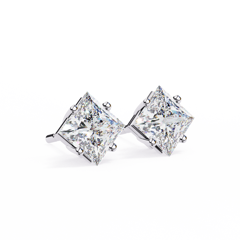 14K White Gold IGI Certified Princess Solitaire Stud Earrings, 4 Prong, D-E Color, VVS/VS Clarity