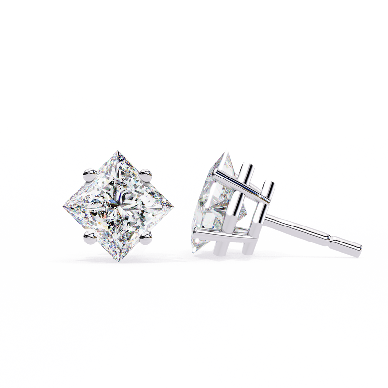 14K White Gold IGI Certified Princess Solitaire Stud Earrings, 4 Prong, D-E Color, VVS/VS Clarity