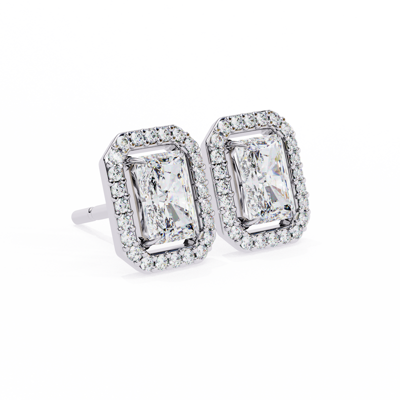 14K White Gold IGI Certified Radiant Diamond Halo Earrings, D-E Color, VVS/VS Clarity