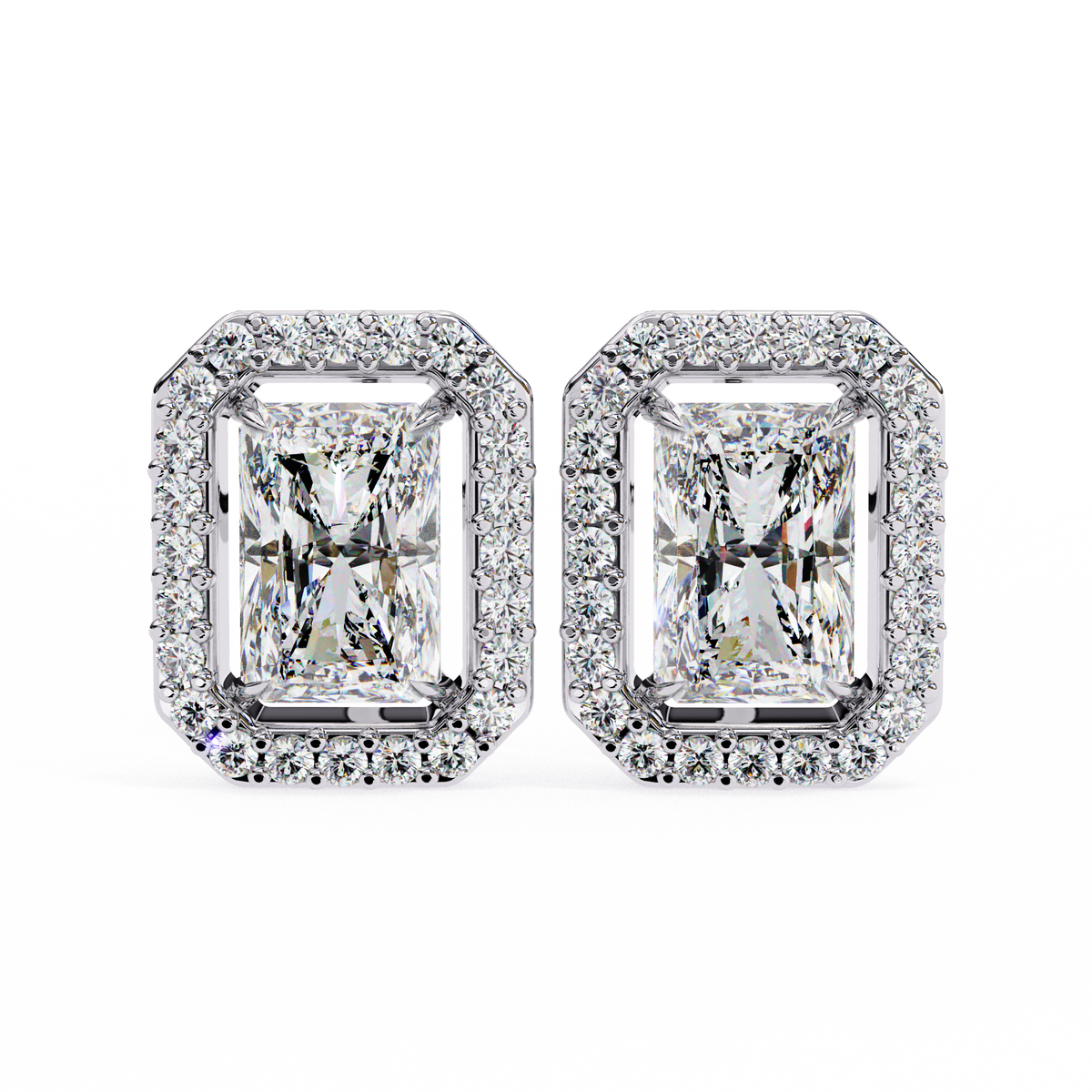 14K White Gold IGI Certified Radiant Diamond Halo Earrings, D-E Color, VVS/VS Clarity