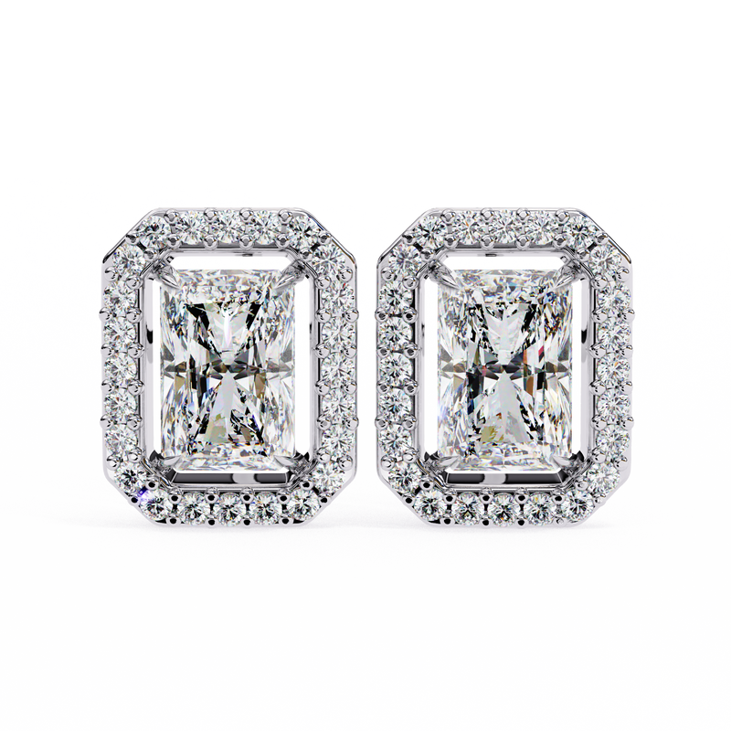 14K White Gold IGI Certified Radiant Diamond Halo Earrings, D-E Color, VVS/VS Clarity