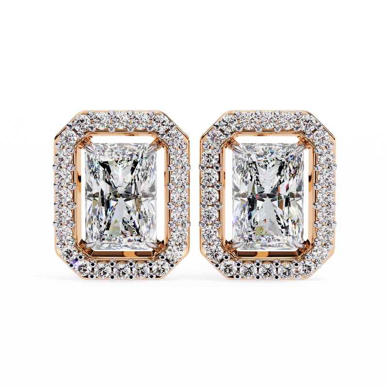 14K White Gold IGI Certified Radiant Diamond Halo Earrings, D-E Color, VVS/VS Clarity