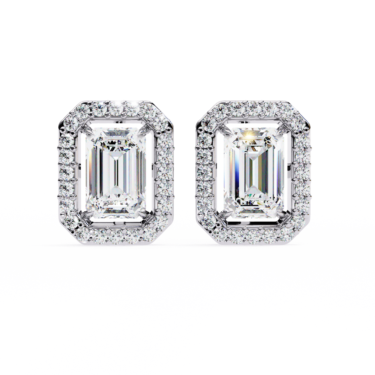 14K White Gold IGI Certified Emerald Cut Diamond Halo Earrings, D-E Color, VVS/VS Clarity