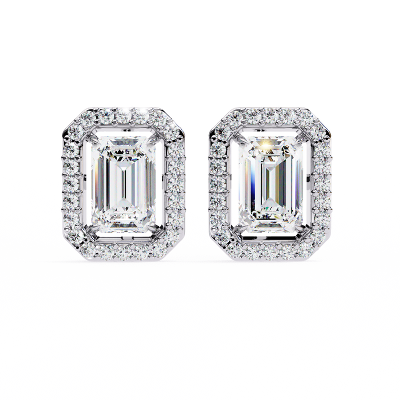 14K White Gold IGI Certified Emerald Cut Diamond Halo Earrings, D-E Color, VVS/VS Clarity