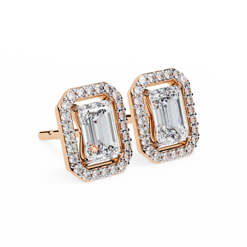14K White Gold IGI Certified Emerald Cut Diamond Halo Earrings, D-E Color, VVS/VS Clarity