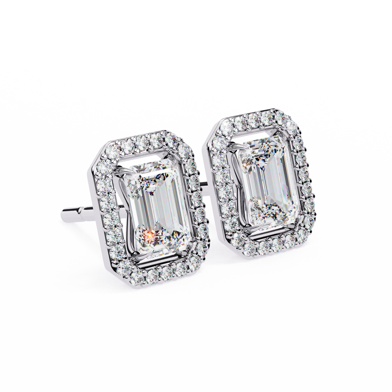 14K White Gold IGI Certified Emerald Cut Diamond Halo Earrings, D-E Color, VVS/VS Clarity