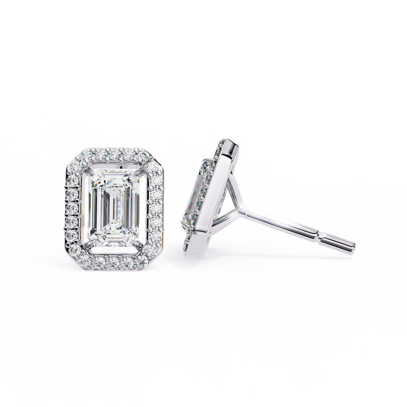 14K White Gold IGI Certified Emerald Cut Diamond Halo Earrings, D-E Color, VVS/VS Clarity