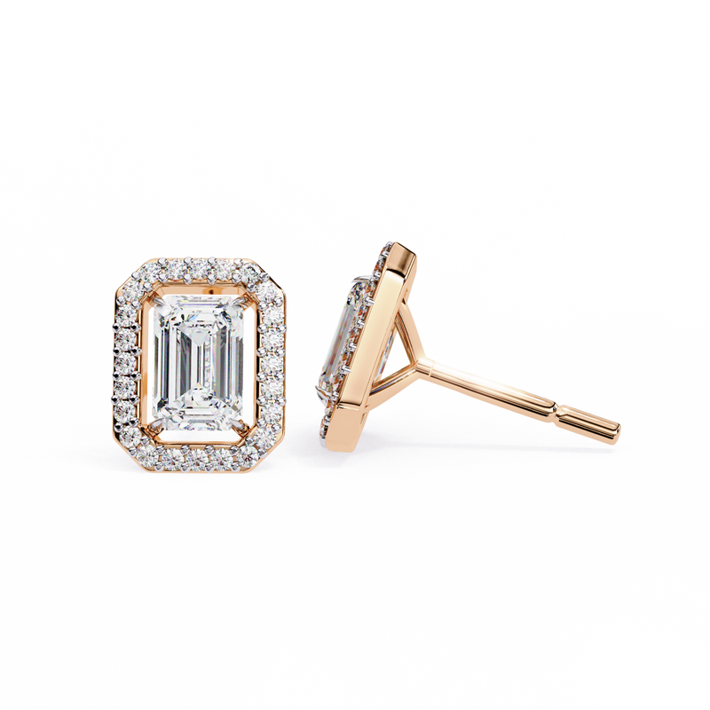 14K White Gold IGI Certified Emerald Cut Diamond Halo Earrings, D-E Color, VVS/VS Clarity