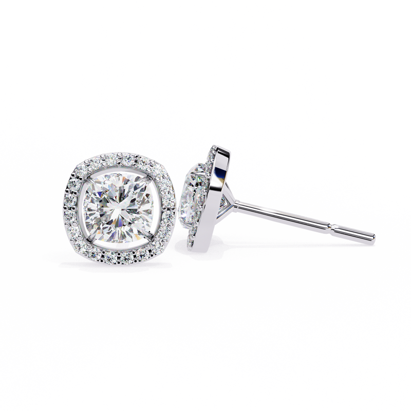 14K White Gold IGI Certified Cushion Cut Diamond Halo Earrings, D-E Color, VVS/VS Clarity