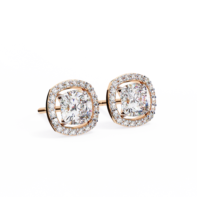 14K White Gold IGI Certified Cushion Cut Diamond Halo Earrings, D-E Color, VVS/VS Clarity