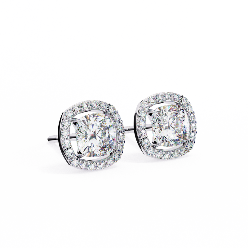 14K White Gold IGI Certified Cushion Cut Diamond Halo Earrings, D-E Color, VVS/VS Clarity