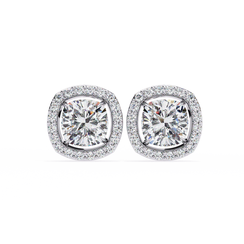 14K White Gold IGI Certified Cushion Cut Diamond Halo Earrings, D-E Color, VVS/VS Clarity