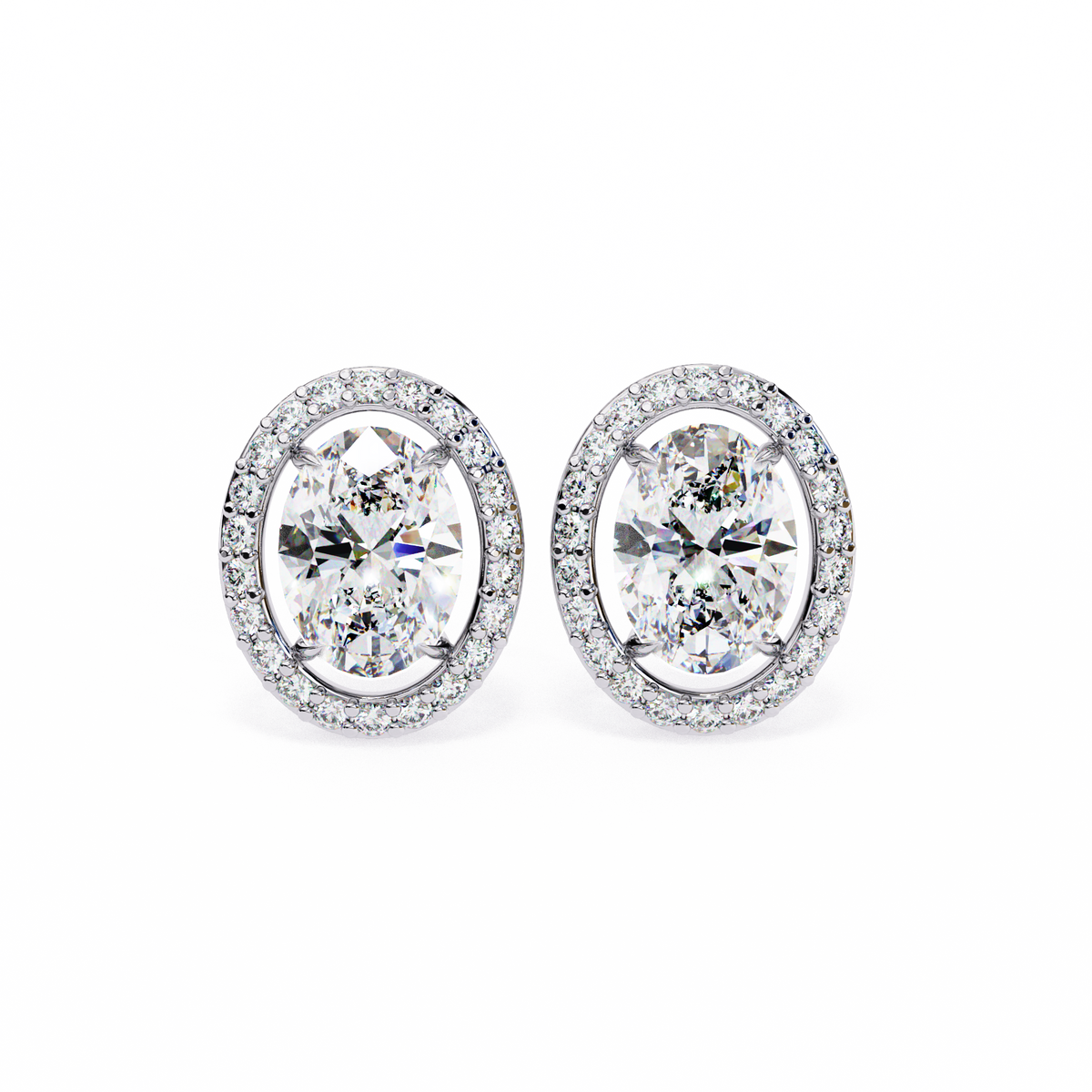 14K White Gold IGI Certified Oval Diamond Halo Earrings, D-E Color, VVS/VS Clarity