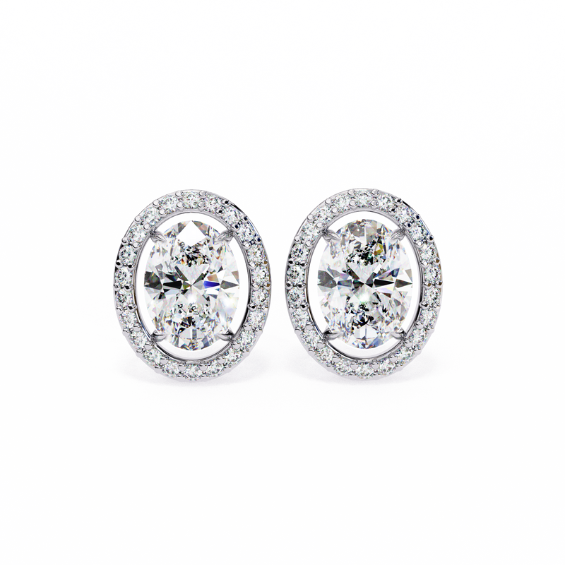 14K White Gold IGI Certified Oval Diamond Halo Earrings, D-E Color, VVS/VS Clarity