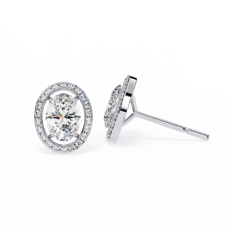 14K White Gold IGI Certified Oval Diamond Halo Earrings, D-E Color, VVS/VS Clarity