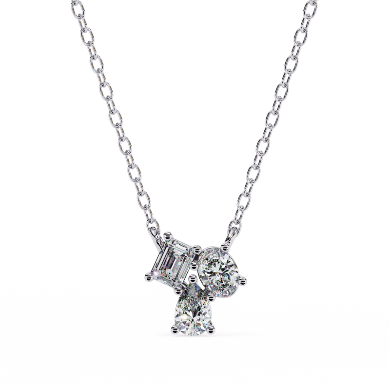 14K White Gold IGI Certified 3-Stone Diamond Pendant (Emerald, Oval & Pear) – D-E Color, VVS–VS Clarity, Rabbit Ear Bail