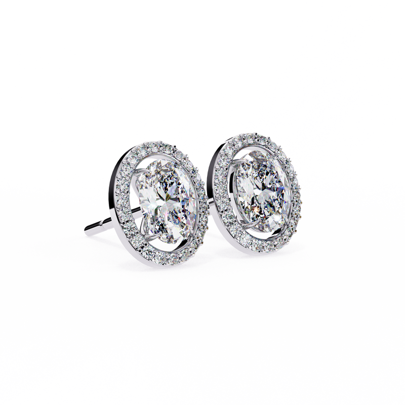 14K White Gold IGI Certified Oval Diamond Halo Earrings, D-E Color, VVS/VS Clarity