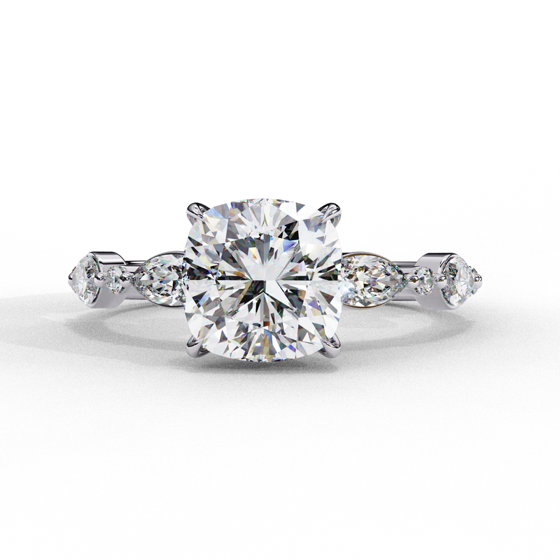 14K Lab Grown Diamond Cushion Marquise Side Stone Engagement Ring, E-F Color, VVS-VS Clarity