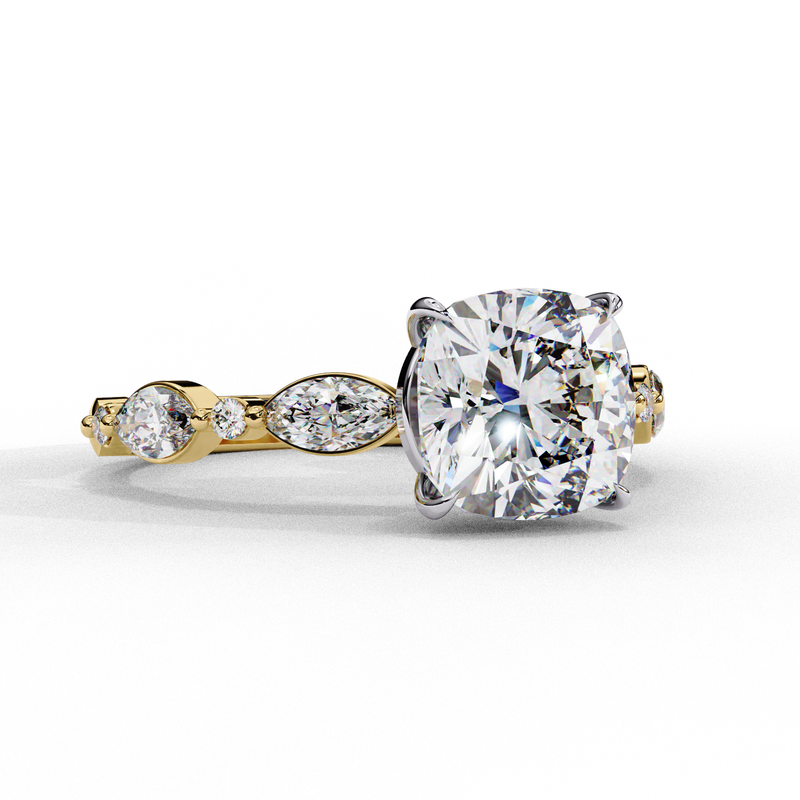 14K Lab Grown Diamond Cushion Marquise Side Stone Engagement Ring, E-F Color, VVS-VS Clarity